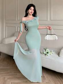 Modelyn Women's Chiffon Patchwork Asymmetrical Shoulder Tie-Waist Bowknot Dress, Grey-Green, Summer - Gray green - View 3