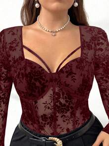 Firerie Plus Size Mesh Patchwork Embroidered Sweetheart Neck Elegant Long Sleeve T-Shirt Fall - Red - View 4