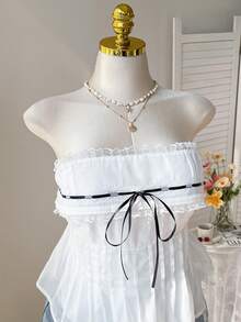 Comfortcana 大码女式蕾丝边浪漫优雅短款上衣，春夏款 - 白色 - 查看 5