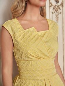 Amorya Women's Square Neck Sleeveless Yellow Jacquard Textured Fabric Cinched Waist Elegant Casual Blouse, Spring/Summer Spring Top Weddings & Events  Going Out Tops Asymmetrical Design, Sleeveless, Cream-Yellow Top, Square Neck, Elegant Shirt, Spring/Summer Women's Wear. - Yellow - View 7