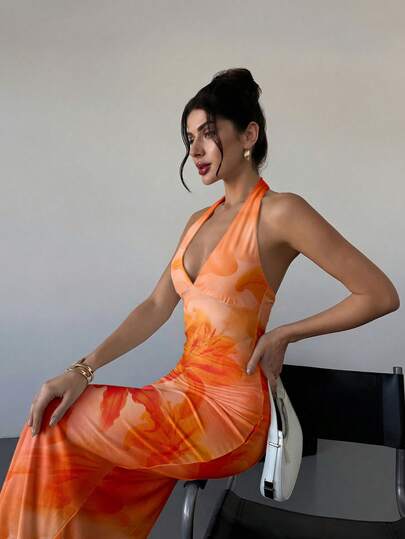 Firerie New Elegant Romantic Vacation V-Neck Lily Floral Print Bodycon Dress, Suitable For Hawaii Vacation, Summer Dress, Beach Resort Outfit