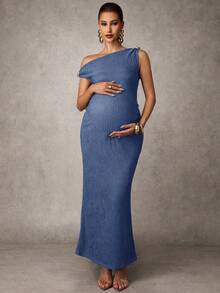 MaterniChic Elegant Maternity Party Solid Color Asymmetrical Shoulder Dress - Blue - View 3
