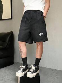 Manfinity Hypemode 黑色水洗直筒牛仔短裤，夏季休闲街头风阔腿短裤 - 黑色 - 查看 6