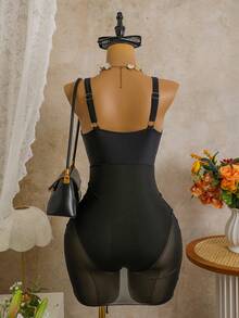 Swim Lushoire 女士沙滩裙，黑色面料拼接网纱半身裙，抽绳设计，金属U型配饰，时尚休闲度假简约优雅风，女士泳装半身裙 - 黑色 - 查看 3