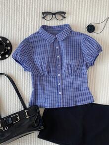 Comfortcana Women's Summer Casual Plaid Front Button Petal Sleeve Shirt - Blue - View 3