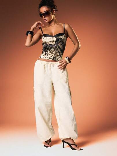 MISSGUIDED Oversized Cargo Wide Leg Pants With Drawstring Waist And Side Pockets Casual Relaxed Fit Bottoms