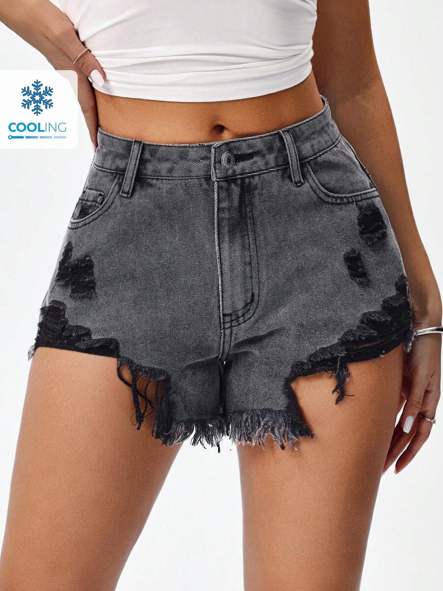 SHEIN EZwear Women's Pocket Distressed Hem Casual Denim Shorts - Black - View 1