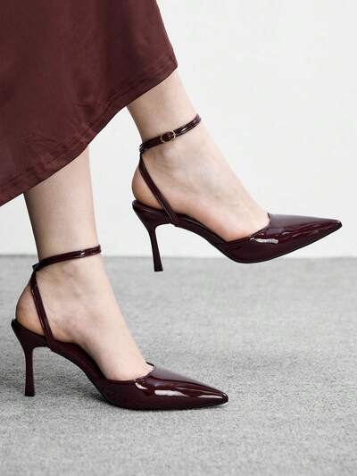 CUCCOO BIZCHIC Women Shoes Women's Pointed-Toed Stiletto Burgundy Ankle Strap Women's High-Heeled Shoes After Slingback Shoes Fashion And Elegance Daily Versatile Commuter Work Women's Shoes