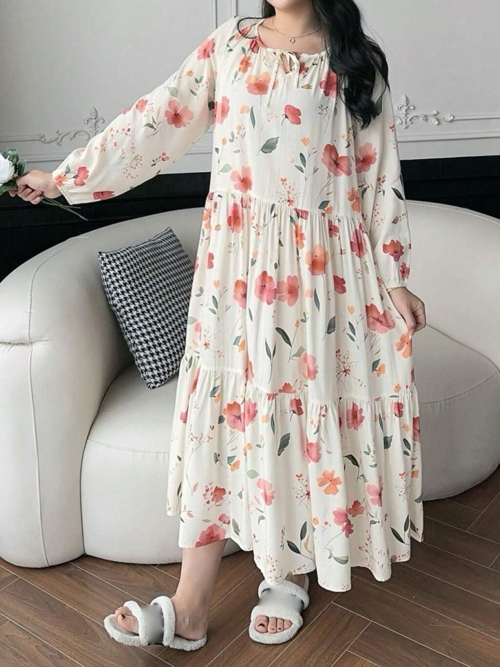 Dazy Plus Plus Size Floral Print Layered Notched Neck Tie Front Long Sleeve Lounge Nightgown