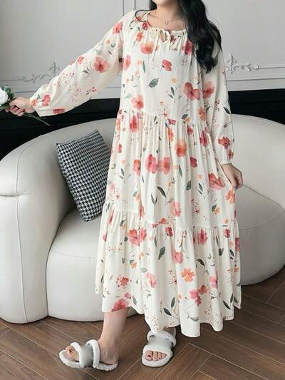 Dazy Plus Plus Size Floral Print Layered Notched Neck Tie Front Long Sleeve Lounge Nightgown