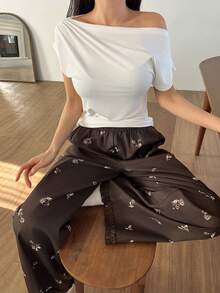 DAZY 纯色褶皱针织上衣和碎花睡裤女士睡衣套装 - 白色 - 查看 3