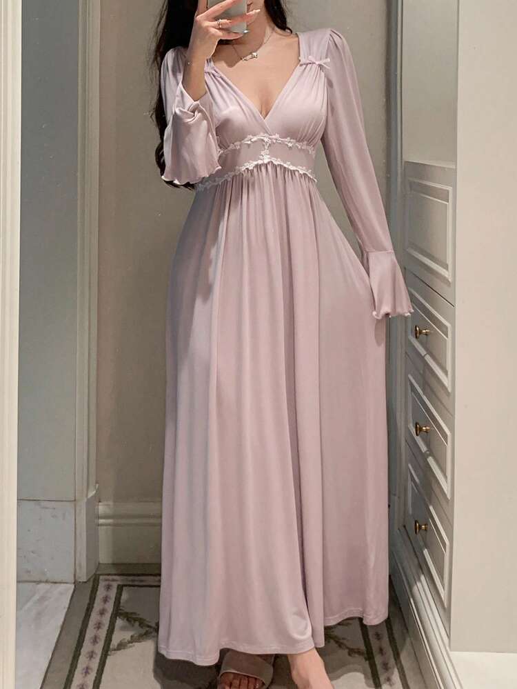 Romantic Ruched Design Floral Lace Trim Waist Ruffle Sleeve Long Women Nightgown, Fall Pajama, Winter