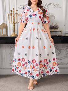 Modelyn Plus Size Women Elegant Minimalist French Style Floral Print Short Sleeve Dress Gym Brown Summer - Pink - View 5