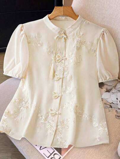 SHEIN PETITE CURVE Apricot Short Sleeve Mandarin Collar Embroidered Fabric Access Control Chinese Style Button-Up Shirt, New Chinese Style, National Style, Plus Size