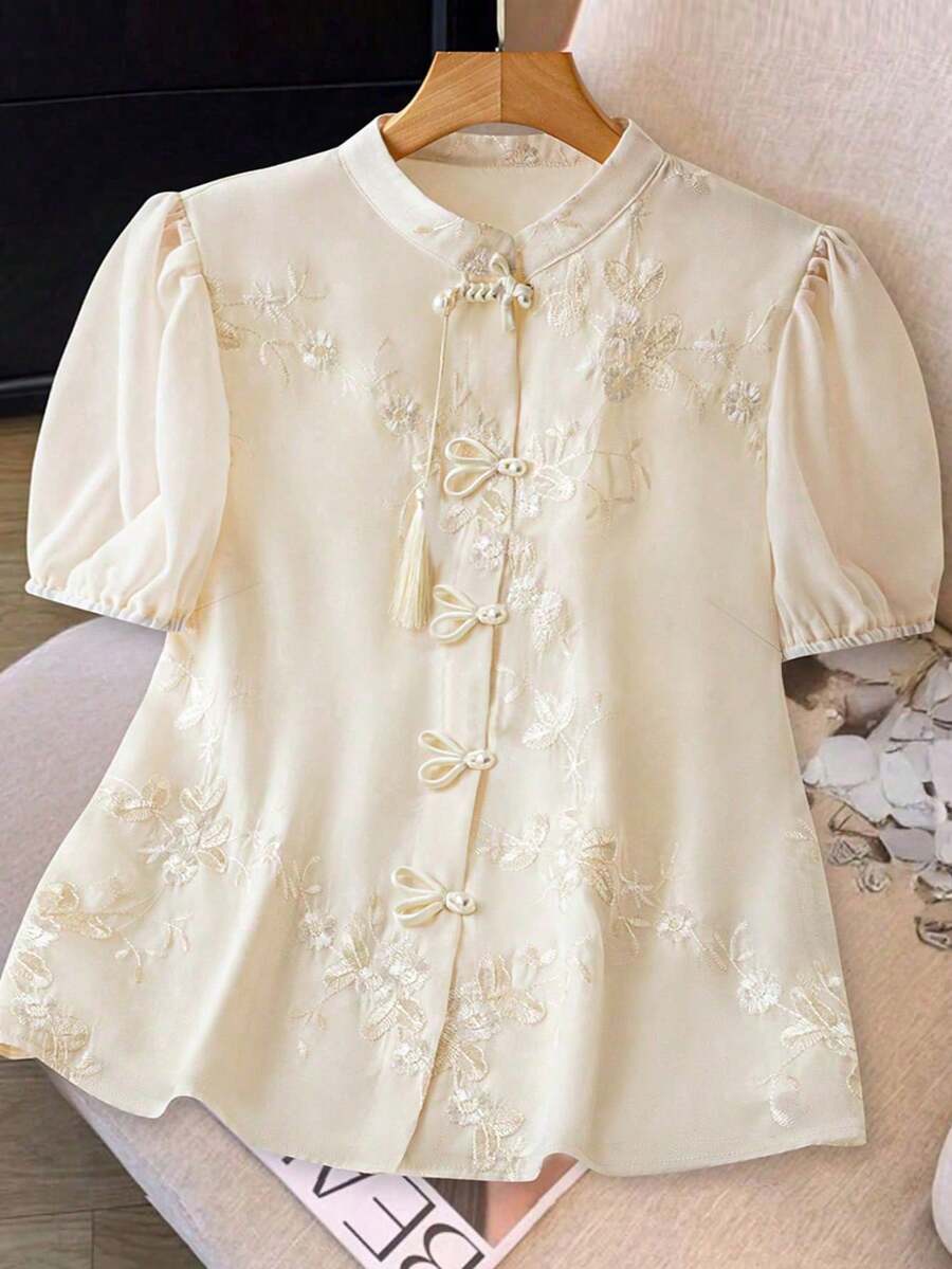 SHEIN PETITE CURVE Apricot Short Sleeve Mandarin Collar Embroidered Fabric Access Control Chinese Style Button-Up Shirt, New Chinese Style, National Style, Plus Size - Apricot - View 1