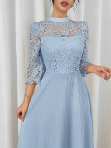 Modelyn Đầm maxi dài tay màu vàng thêu lỗ họa tiết, phối nhiều mảnh dành cho nữ - Màu xanh nhạt - Xem 5