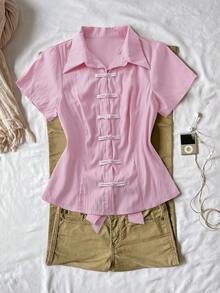 Sunspun Áo Polo cỡ lớn thời trang, kiểu Trung Quốc mới, tay ngắn, cài nút, thắt eo, màu trơn. - Hồng - Xem 1