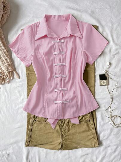 Sunspun Plus Size Fashionable Polo Shirt, New Chinese Style Short Sleeve Button-Up Cinched Waist Solid Color Short Sleeve Shirt