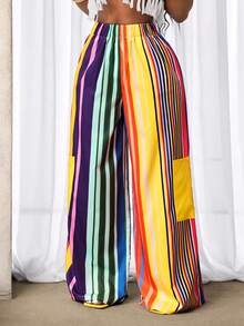 BamGleam 女士彩色随机条纹印花阔腿直筒休闲度假裤 - 彩色 - 查看 3