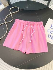 Resyla Ensemble 2 pièces T-shirt et short décontracté unicolore pour femmes - Rose bonbon - Voir 7