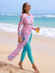 Swim Shayni 三件套沙滩装：长袖拉链上衣（海洋印花）、纯色弹力腰裤和海洋印花交叉腰开衩裙，夏季热销沙滩度假套装 - 彩色 - 查看 3