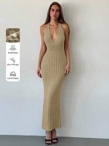 Aloruh Đầm dệt kim móc hở lưng cổ chữ V sâu gợi cảm mới, thích hợp cho kỳ nghỉ/hẹn hò/thường ngày. - Màu Khaki - Xem 10