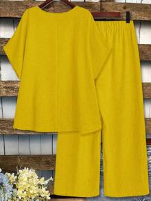 EMERY ROSE 女士加大码纯色圆领中袖上衣和阔腿裤休闲两件套 - 黃色 - 查看 2