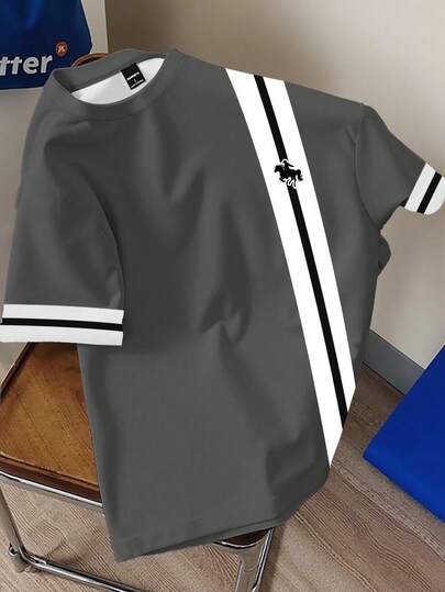 Manfinity Joysei 男士条纹拼接战马印花圆领T恤，休闲时尚百搭牛仔图案短袖T恤