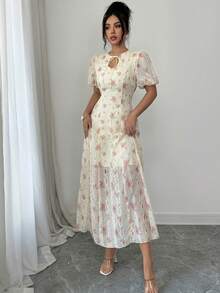 Modelyn 女士系带领花卉刺绣优雅收腰长花瓣袖派对连衣裙 - 黃色 - 查看 8