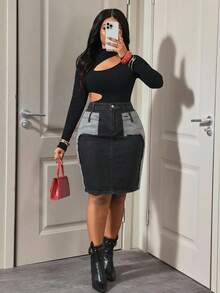 Slaydiva Plus Size Color Block Slant Pocket Fashionable Fitted Denim Skirt - Grey - View 7