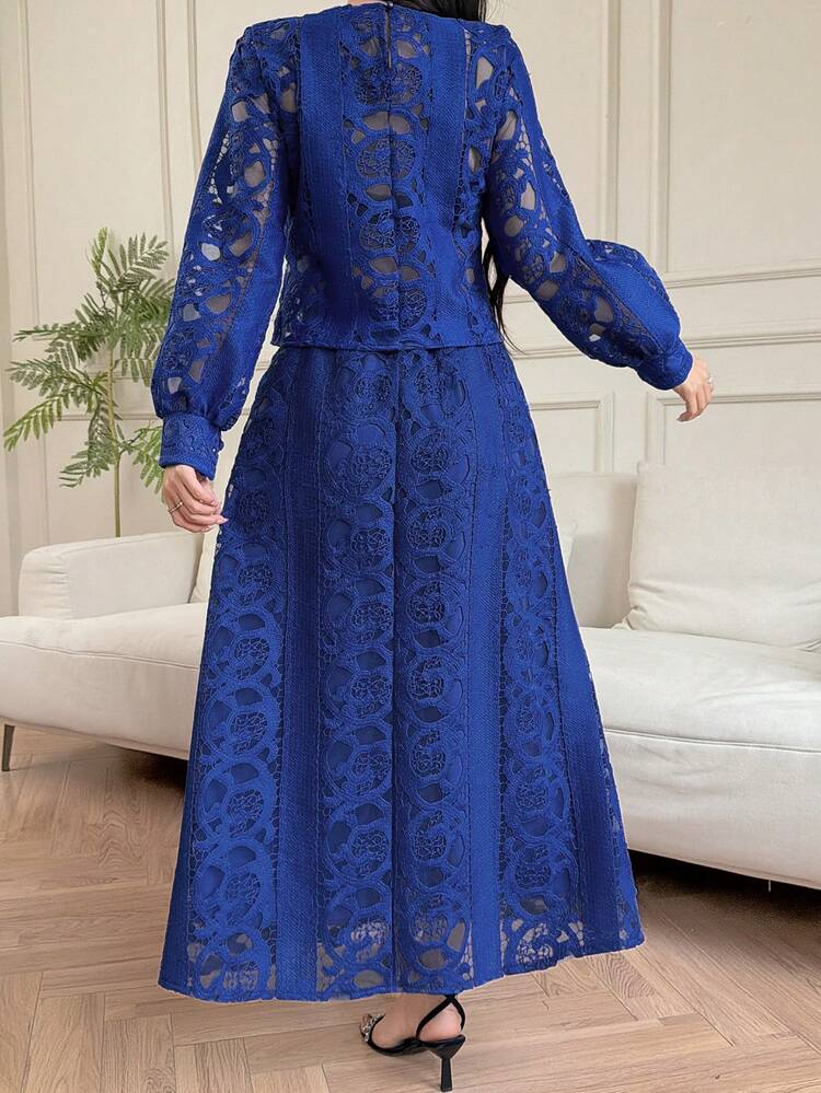 Delicate Lace Hollow Out Stand Collar Lantern Sleeve Shirt + High Waist Slimming Long Skirt 2 Piece Set For Women