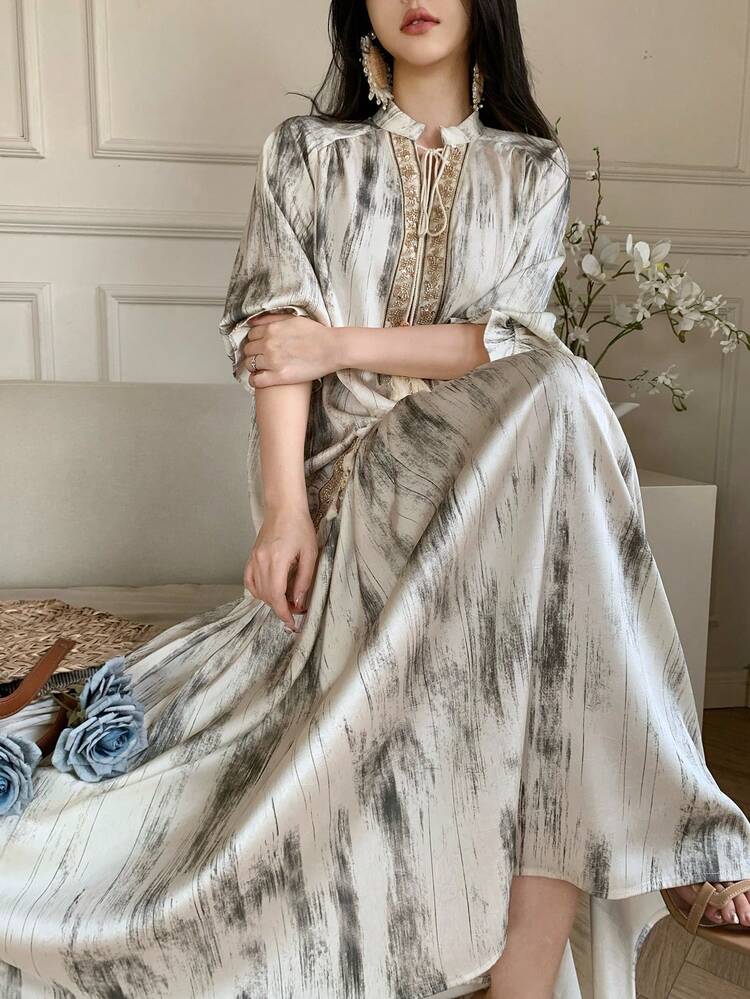 Floral Print Fringe Trim Gold Edge Decor 3/4 Sleeve Loose Dress, Elegant Resort Wear For Women, Spring/Summer Sundress