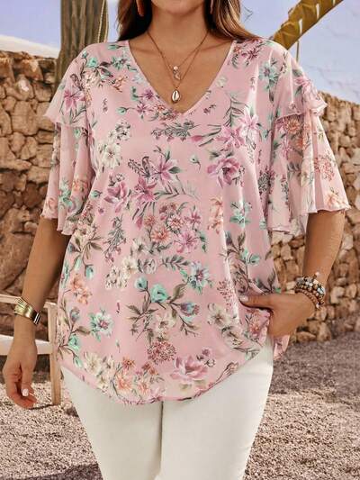 Plus Size Women Floral V-Neck Ruffle Short Sleeve Blouse, Summer Tops