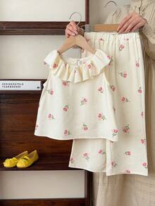 Emery Rose Kids Emery Rose Kids Conjunto de 2 piezas con top con volantes y estampado floral pequeño, y pantalones de ajuste holgado para niña joven - Caqui - Ver 3