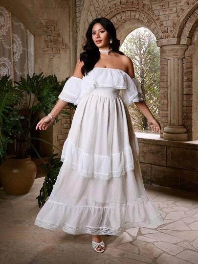 Lyrianda Wedding Bridal Wedding Season Plus Size Spring, Summer, Elegant, Vacation French Chiffon Polka Dot Textured Lace Trim Off-Shoulder Ruffle Sleeve Waist Cinched Slim Fit Princess Dress, Spring/Summer Women Outfit, Wedding Guest