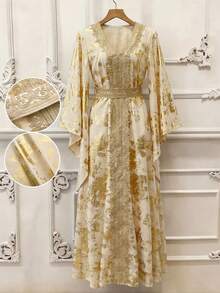 GlowEve 中东风情刺绣长袍，配腰带，女士时尚V领收腰连衣裙，适合日常穿着和节日庆典。 - 彩色 - 查看 1