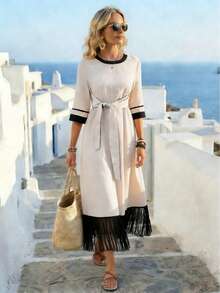 EMERY ROSE Women's Vacation Casual Fringe Waist Belt 3/4 Sleeve Dress - Apricot - View 5
