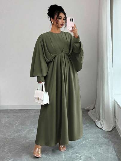 Elenzga Plus Size Women's Elegant Minimalist High-End Casual Dress, Suitable For Office, Commute, Beach, Music Festival, Afternoon Tea, Derby, Solid Color Round Neck 2 In 1 Waist Ruffle Hem Batwing Sleeve A-Line Maxi Dress