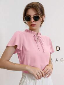 Mulvari Áo kiểu dáng thanh lịch, màu trơn, cổ đứng, tay raglan, ngắn tay, thắt nơ phía trước, vạt bèo nhún. - Màu Hồng baby - Xem 6