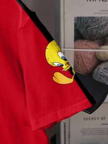LOONEY TUNES X SHEIN Áo thun mùa hè cho bé trai tuổi teen, cổ tròn, vai rớt, tay ngắn, in hình hoạt hình dễ thương, họa tiết toàn thân. - trắng - Xem 5