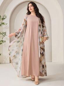 Veilorie Plus Size Women Solid Color Round Neck Dress And Tie-Dye Open Front Long Robe Casual Daily 2 Piece Set - Multicolor - View 6