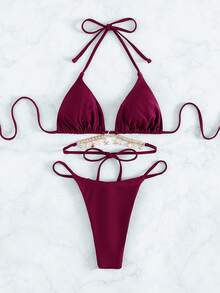 Swim SXY Bộ bikini buộc dây cổ màu trơn gợi cảm dành cho nữ, thích hợp cho mùa hè đi biển. - Màu Đỏ Sâu - Xem 6