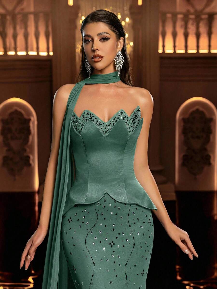 Glamrae 优雅奢华彩色水钻性感无肩带美人鱼晚礼服,适合婚礼、派对、度假、舞会(装饰繁复) - 綠色 - 查看 1