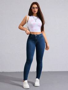 SHEIN Unity 女士时尚休闲纯色斜插口袋修身牛仔裤 - 深色水洗藍 - 查看 5