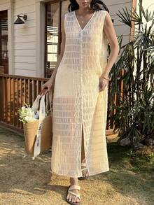 2026 Cárdigan largo blanco con textura, plisado y patchwork transparente.Ideal para festivales de música, San Valentín, bodas, informal, playa.Blusa de manga larga para mujer.Primavera/verano. - Amarillo - Ver 5