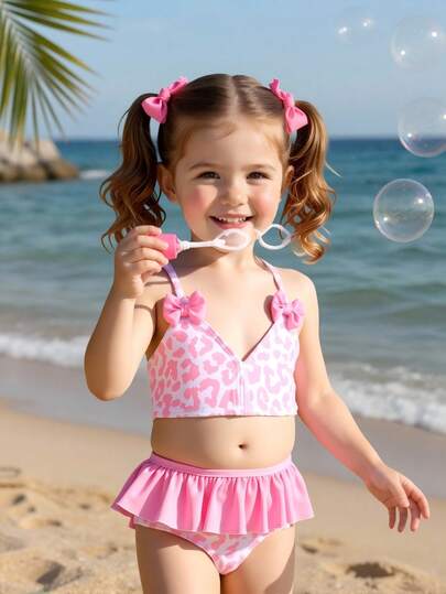 Young Girl Leopard Print Bowknot Decor Flounce Bikini Set Set, Fashion Beach Holiday Style Little Girl Swimwear Kids 2 Pc Bathing Suits Girl Toddler Bathing Suit Young Girls Bikini Sets 2 Piece Pink Swimsuit Bikini Top For Kids