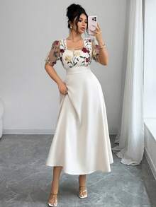 Modelyn Đầm dài thanh lịch dành cho nữ, cổ vuông, tay ngắn, phối lưới, eo. - Màu be - Xem 5