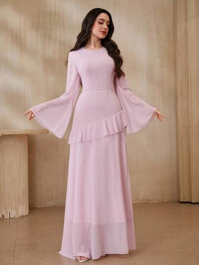 Graceveil Damen elegantes Kleid mit Rüschenärmeln und Rüschentaille, einfarbig, Frühling
