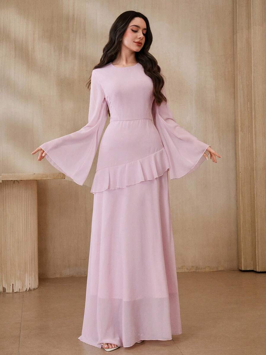 Graceveil 女士优雅喇叭袖荷叶边腰身连衣裙，纯色，春季 - 粉色 - 查看 1