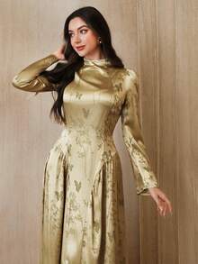 Graceveil Women's Elegant Full Print Stand Collar Long Sleeve Dress - Mustard Yellow - View 2